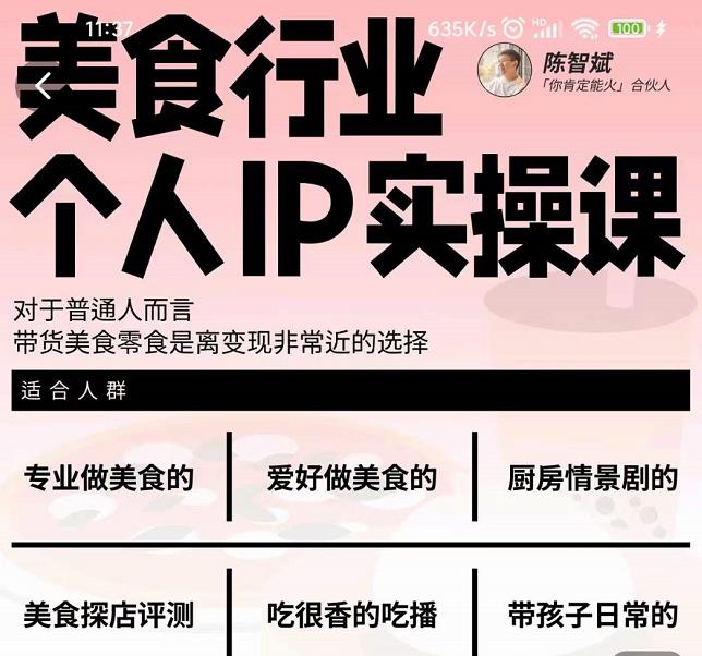 美食行业个人IP实操课，对于普通人而言，带货美食零食是离变现非常近的选择-问小徐资源库