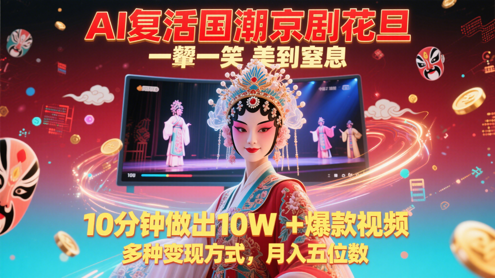 AI复活国潮京剧花旦，一颦一笑美到窒息，10分钟做出10W+爆款视频，多种变现方式-问小徐资源库