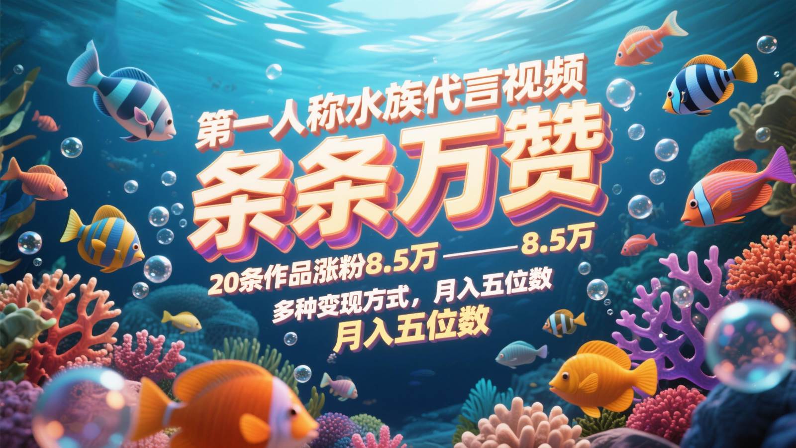 第一人称水族代言视频，条条万赞，20条作品涨粉8.5万，多种变现方式月，入五位数-问小徐资源库