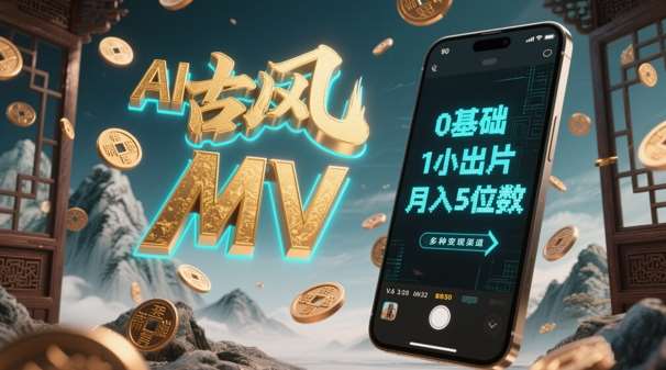 AI一键生成古风音乐MV，0剪辑基础1小时出片，多种变现渠道，一部手机月入5位数-问小徐资源库