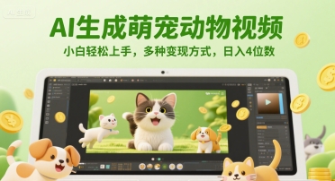 AI生成萌宠动物视频，小白轻松上手，多种变现方式，日入4位数-问小徐资源库