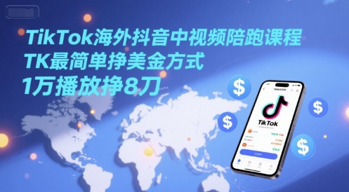 TikTok海外抖音中视频陪跑课程，TK最简单挣美金方式，1万播放挣8刀-问小徐资源库