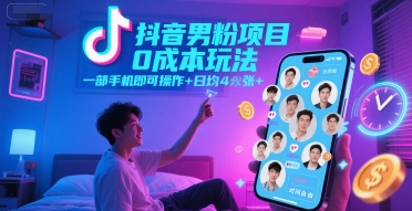 抖音男粉项目0成本玩法，一部手机即可操作，日均4张+，时间自由-问小徐资源库