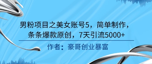 男粉项目之美女账号5，简单制作，条条爆款原创，7天引流5000+-问小徐资源库