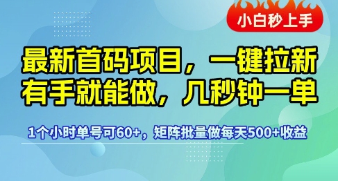 最新首码项目，一键拉新有手就能做，几秒钟一单，1个小时单号可60+，矩阵批量做每天5张【揭秘】-问小徐资源库