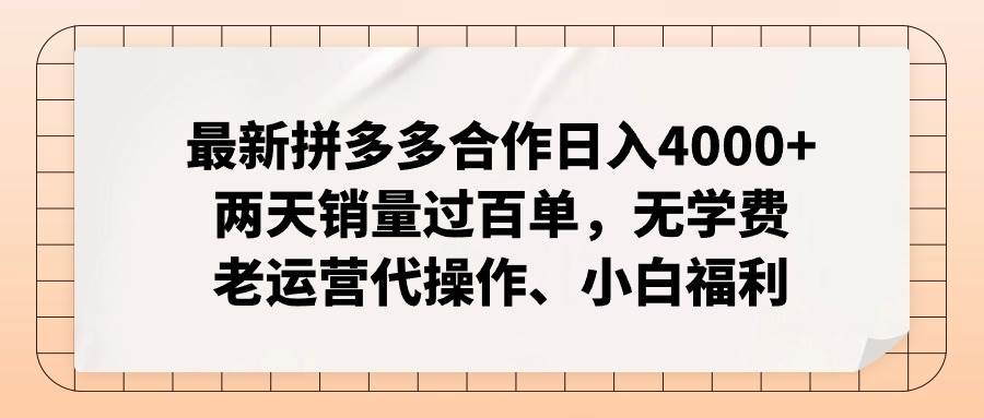 （11343期）最新拼多多合作日入4000+两天销量过百单，无学费、老运营代操作、小白福利-问小徐资源库